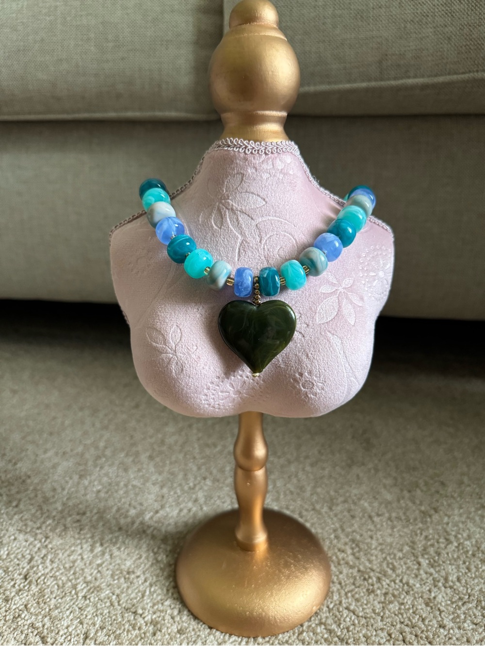 Blue and Teal Beaded Necklace with Green Heart Pendant - Women Jewelry